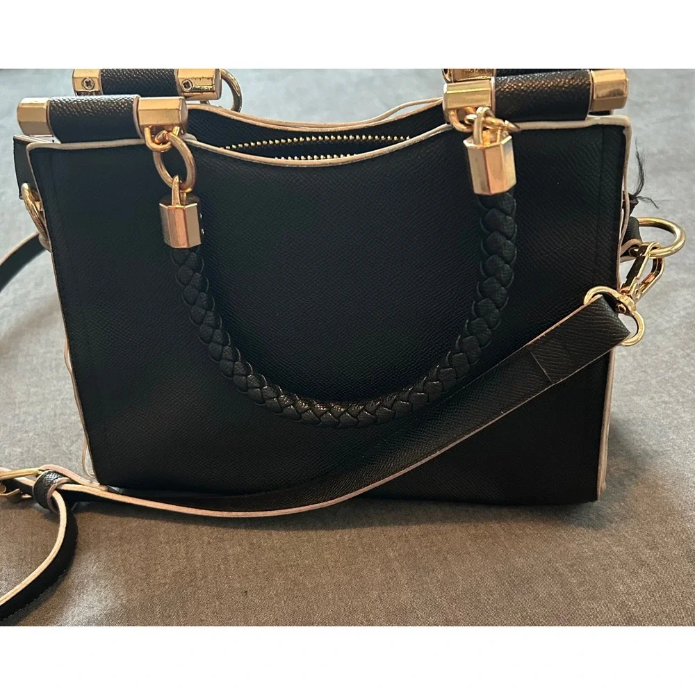 Bebe Black Saffiano Crossbody Satchel Bag Braided Handle Gold Logo Medallion
